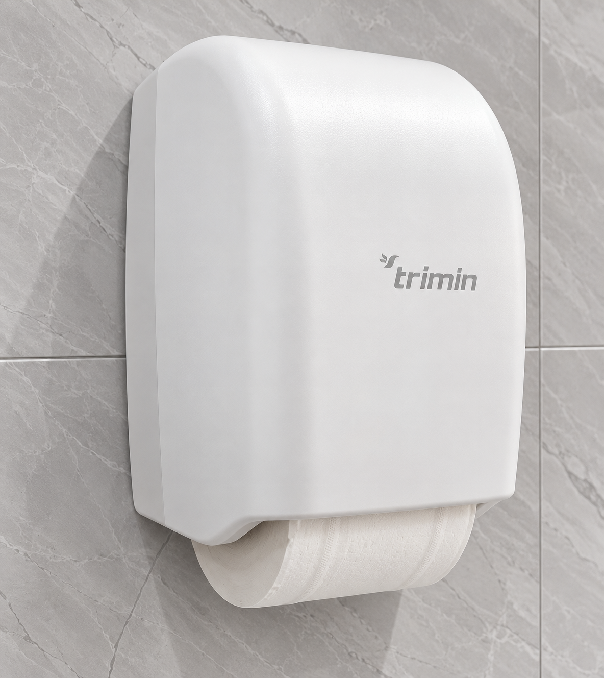 Minimalist White Paper Dispenser on Marble Tile